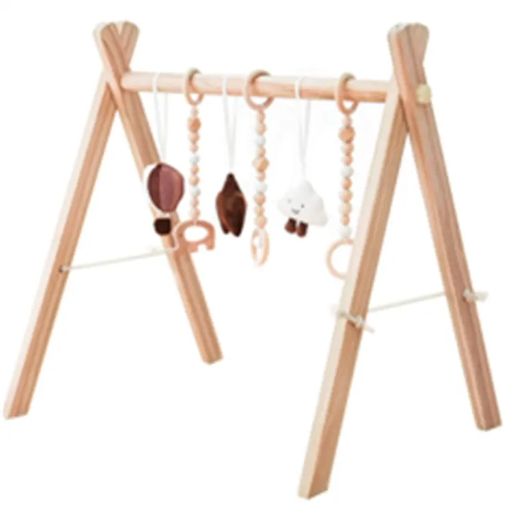 Wooden Baby Play Gym Foldable Baby Gym Portable Infant Frame Activity Gym Hanging Bar for Toddle with 6 Hanging Sensory Toys