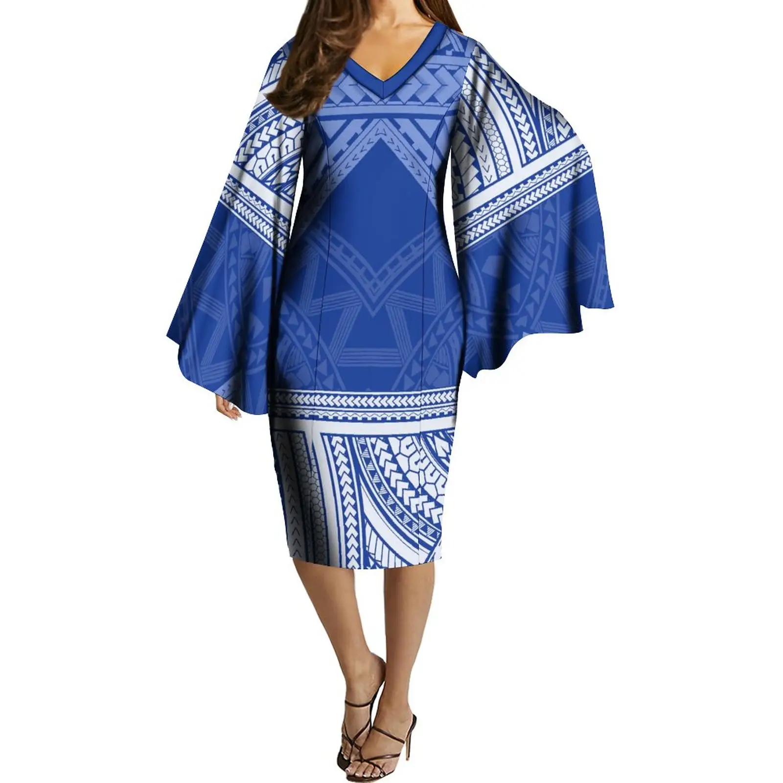 Wholesale Custom Polynesian Samoa Tribal Print V Neck Butterfly Sleeve Midi Dress Large Size Pacific Island Style Dresses Women