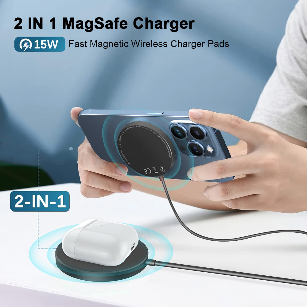 Magnetic Wireless Charger Pad 15W 2 in 1 Fast Qi Charging Station for Phone 17 16 15 14 & Earbuds Slim Portable Charger · image 2