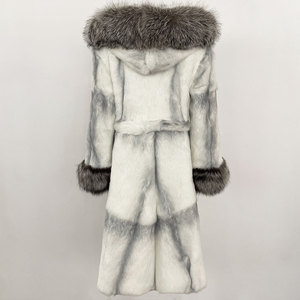 OFTBUY Winter <strong>Women</strong> Coat Hooded Belt Natural Rabbit Fur <strong>Jacket</strong> Ladies Real Rabbit Fur Coat Thick Warm Long Outerwear Casual - Product Image 4