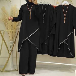 HANO Set Due Pezzi da <span class=keywords><strong>Donna</strong></span> all'Ingrosso, Nuova Camicia a Maniche Lunghe Tinta Unita con <span class=keywords><strong>Pantaloni</strong></span> a <span class=keywords><strong>Gamba</strong></span> <span class=keywords><strong>Larga</strong></span>, Completo Casual Musulmano - Product Image 4