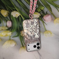 Coque de téléphone à effet vague scintillante avec cadre en strass et cordon perlé pour iPhone 11 12 13 14 15 16 17 Pro Max Samsung Redmi OPPO