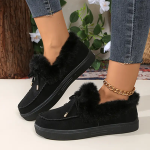 بوت شتوي نسائي رائج بتصميم مميز، مقاس كبير يصل إلى الكاحل، جزء علوي مزين بفيونكة، موضة خريفية دافئة، حذاء مسطح بلون سادة ونعل مطاطي - Product Image 3