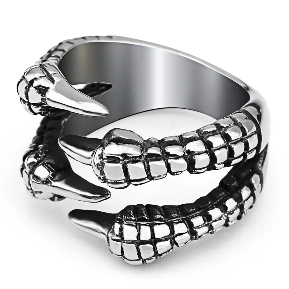 Punk grosir 316 baja tahan karat Titanium antik kerangka naga Cina cakar tajam perhiasan cincin jari untuk pria