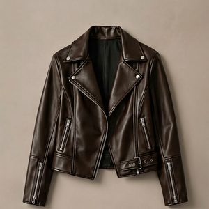 Veste moto en cuir PU pour homme, col rabattu, fermeture éclair, coupe ajustée, couleur unie, manches classiques, automne - Product Image 1