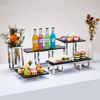 Rehausseurs de buffet carrés en acier inoxydable argenté avec verre trempé, supports d'exposition modernes et minimalistes pour hôtel, buffet, traiteur