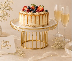 Round Metal <b>Cake</b> <b>Stand</b> With Gold Wire Base White Plate Reusable Dessert Display For Home Use - Product Image 4
