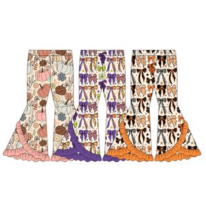Custom Halloween Bows Pumpkin <b>Kids</b> Ruffles <b>Flare</b> Pants Full Length Spandex/Cotton Wholesale Sister US Size Children Casual Wear - Product Image 1