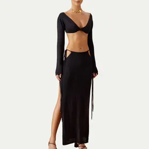 Source Factory Oem Women Clothing Summer Black Sexy Cutout Long Sleeve 2 Piece Set Tank Top And Maxi Skirt