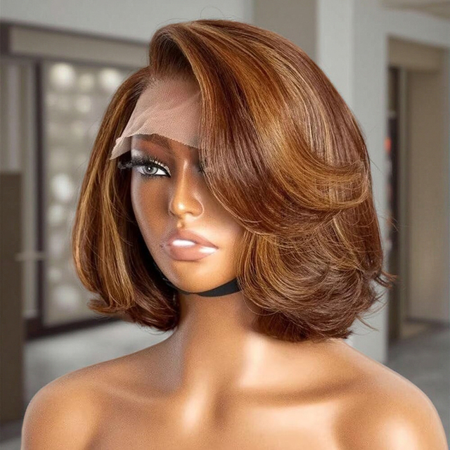 Brown Mix Blonde Layer Cut Pre Plucked Glueless 5x5 HD Lace Closure Raw Vietnamese Pixie Cut Short Bob Full Lace Wig Human Hair