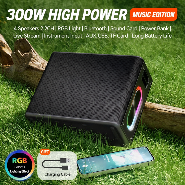 300W High Power BLE Speaker 2.2CH 4 Drivers RGB Light Sound Card Live Stream Portable Outdoor Party Speaker