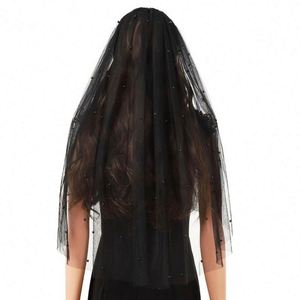 Voile de mariée noir perlé style gothique avec peigne à cheveux pour décoration de fête - Product Image 4