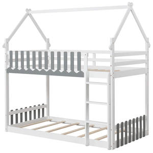 Litera doble Piso bajo Marco de cama de madera maciza para niños con <span class=keywords><strong>valla</strong></span> y <span class=keywords><strong>escalera</strong></span> para niños para la escuela Blanco - Product Image 3