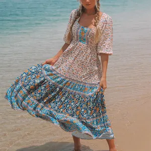 Sexy Strapless Beach Summer Dress Sundress Vintage Bohemian Maxi Dress Robe Women Split Long Dress Vestido Femme Boho Floral
