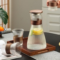 Set Pitcher Kaca Borosilikat Bergaris dengan Tutup Kayu untuk Dapur Rumah, Minuman Teh Dingin dan Jus