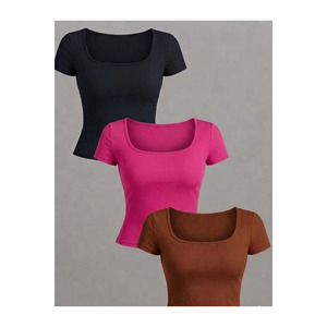 Top Corto de Mujer con Cuello Cuadrado y Manga Corta, Blusa de Punto Acanalado, Camiseta de Algodón Suave - Product Image 2