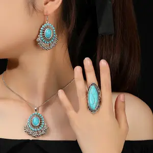 Retro Big Turquoise Carved Necklace Earrings Ring Jewelry set Bohemian For Women Classics Chain Necklace Tribal Simple Earring