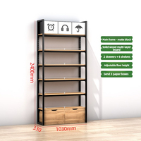 Étagère de présentation robuste en fer et bois noir mat avec logo personnalisé, armoire de rangement, support mural réglable