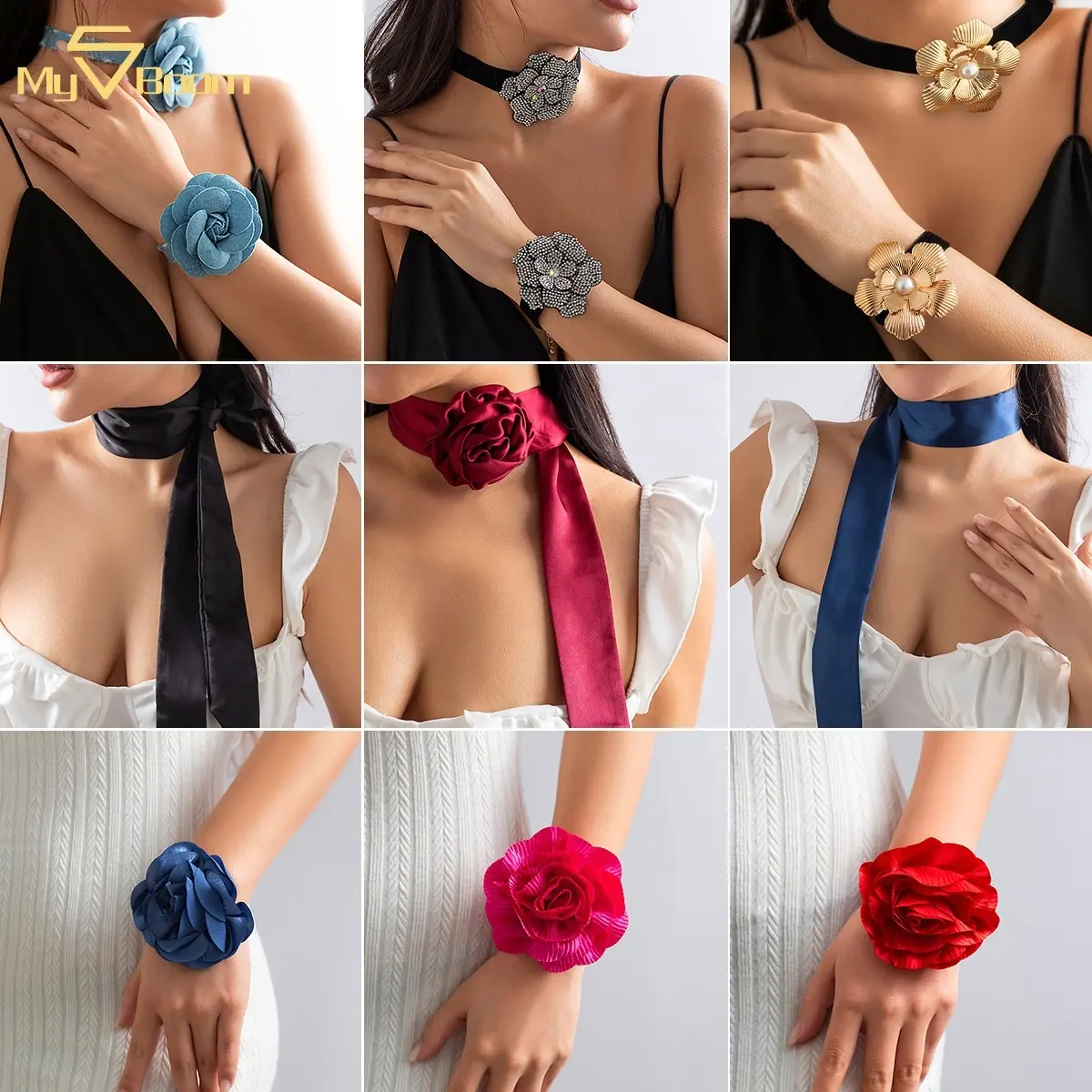 Accessori Wed alla moda rosa grande fiore di seta rosa clavicola catena collana bracciale donna tessuto maglia Chiffon fiore girocollo