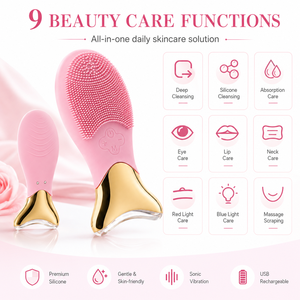 Brosse nettoyante faciale vibrante à lumière thérapeutique en silicone IPX7, brosse nettoyante faciale à massage chaud - Product Image 2