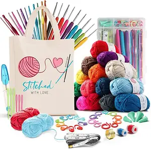 73 Buah Premium Bundel Benang Rajut Bola Jarum Crochet Hook Set Aksesoris Crochet Kit dengan Tas Penyimpanan Kanvas