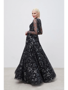 <span class=keywords><strong>2025</strong></span> Mới Chất Lượng Cao Của Phụ Nữ Màu Đen Bạc Sequins Thêu Ăn Mặc Sheer Lưới Dài Tay Áo Thanh Lịch A-Line Maxi Buổi Tối Gown - Product Image 2