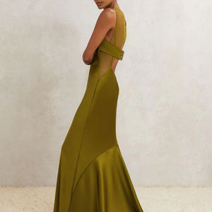 Vestido maxi casual de satén verde oliva para mujer, estilo sirena, con panel de malla transparente - Product Image 2