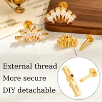 Bijoux de piercing en acier inoxydable plaqué or, avec zircone cubique, type barbell à dos plat, labret, anneau de lèvre, cartilage, hélix, vente en gros