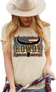 Western Vintage Bull Head HOWDY WALLEN RODEO Imprimé à manches courtes O Neck Tee Shirts Tops - Product Image 3