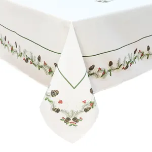 Rectangular 220*150cm size Christmas style holly pine cone pattern wrap design polyester cotton tablecloth