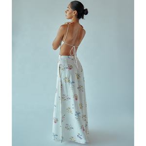 ENYA – robe longue en coton et lin, col licou, longue jupe, respirante, naturelle, dos ouvert, sangle, cravate, détente, vacances, été 100% - Product Image 2