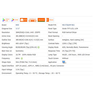 3840*2160 NE173QUM-N63 Yepyeni Dokunmatik Olmayan 17.3 inç 16:9 Laptop LCD Ekran Modülü WLED EDP 40 Pin 100% SRGB 400 Cd/<span class=keywords><strong>m</strong></span>² 1500:1 - Product Image 6