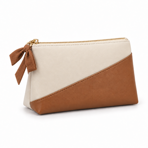 Vegan PU Portable Cosmetic <b>Bag</b> <b>Small</b> Envelope Colour Block Bow Charm <b>Cream</b> Caramel Zipper Custom Logo Gift - Product Image 3