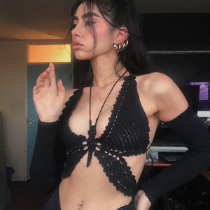 2022 Y2K seksi kadın yular boyun <span class=keywords><strong>t</strong></span>ığ işi kelebek Crop Top desen - Product Image 1