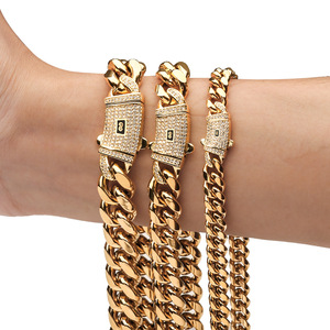 Collier Chaîne Maille Cubaine Monaco en Acier Inoxydable Plaqué Or 18K avec Fermoir CZ Sertis de <span class=keywords><strong>6</strong></span>-14mm, Bijou Hip Hop Tendance et Très Vendu - Product Image 1