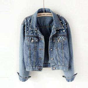 Beliebte Hochwertige Lässige Luxus-Damen-Perlen-Kurz-Denim-Jacke Blaue Langarm-Jeansjacke für Frauen - Product Image 1