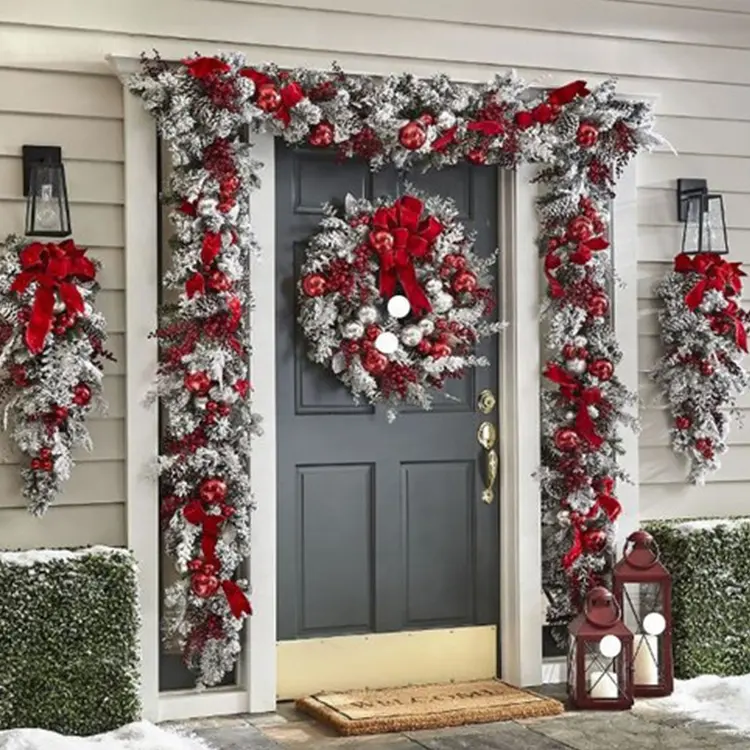 Outdoor Luxury Xmas Red Bows Silver Artificial Wreaths Wholesale Pre-lit Christmas Wreath Decorations for Front Door