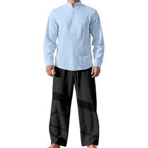 Completo Casual da <span class=keywords><strong>Uomo</strong></span> in <span class=keywords><strong>Lino</strong></span> a Due Pezzi, Motivo Tinta Unita, Camicia a Maniche Lunghe Larga e Traspirante con Pantaloni, Perfetto Outfit Autunnale da <span class=keywords><strong>Spiaggia</strong></span> - Product Image 2