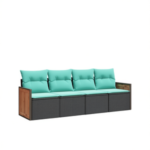 Ensemble de canapés de jardin 4 places en rotin noir avec pieds réglables, mobilier d'extérieur, structure en teck, design contemporain - Product Image 1