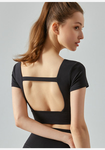 Wholesale Women Square Neck <b>Open</b> Back Yoga Crop Tops Stretch Short Sleeve Athletic T Shirts Built in <b>Bra</b> Gym Pilates Sports Tee - Product Image 3