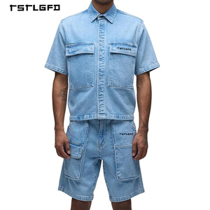 Wholesale Spring Light Wash Printed Denim Short <b>Set</b> Cargo Pockets for Men Relaxed Fit Short Sleeve Button Streetwear Tracksuit - Product Image 1