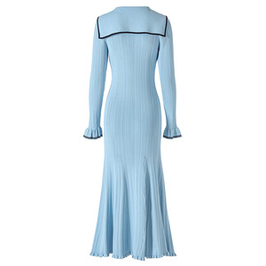 Auf Lager Sailor Collar Flare Langarm Lady Wear Color block Mermaid Knits Maxi kleid für Frauen - Product Image 2