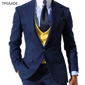 Top Vendendo Azul Dos Homens Do Casamento Ternos Casaco Calça Colete Amarelo 3 Peças WPY0011