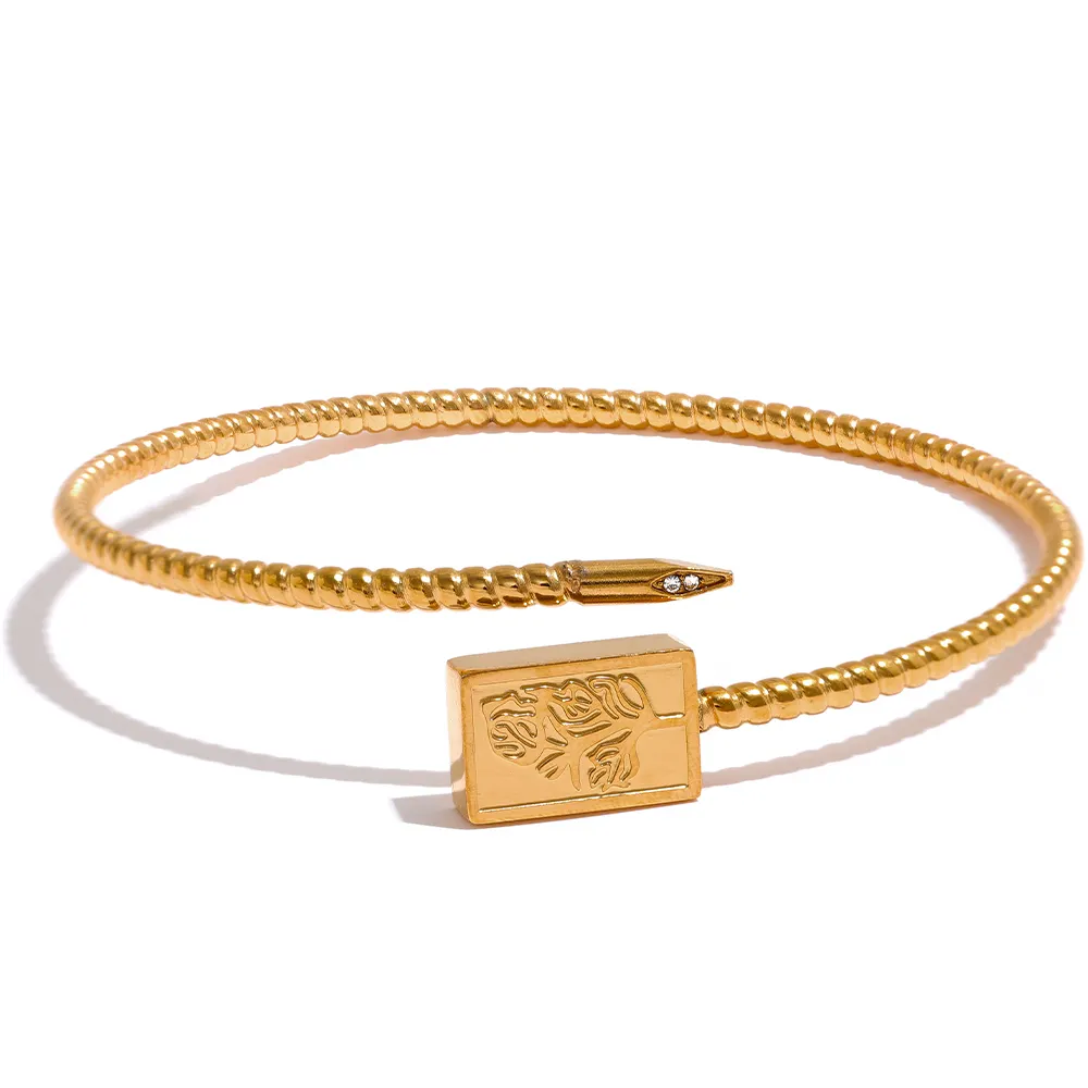 JINYOU 1140 Stylish Metal Texture Flower Stainless Steel 18K Gold Plated Waterproof Bracelet Bangles Women CZ Fashion Jewelry