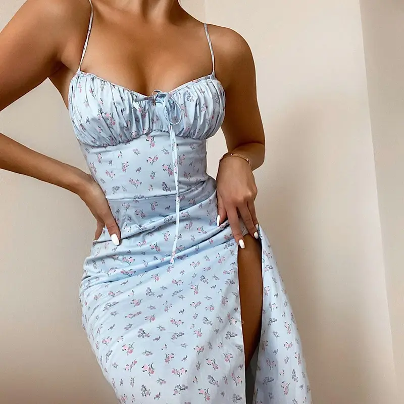 latex high slit dress sexy girl spaghetti strap flroral printed fresh country style fancy dresses