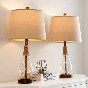 Lámpara de mesa moderna de cristal con pantalla de lino beige, bombilla LED E27, control de interruptor para decoración de dormitorio y sala de estar. - Product Image 1