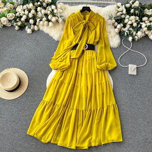 LE2502 여성 이브닝 가운 달콤한 스타일 쉬폰 맥시 원피스 휴일 파티 연회 무도회를위한 주름 장식 벨트 - Product Image 4