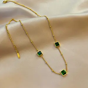 波西米亚绿色水晶锆石方形锆石锁骨项链18k镀金不锈钢链翡翠项链