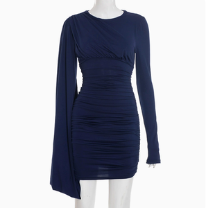 Viviblook D25DS472 Autumn Winter Women's Dresses New Solid Color Ribbon Long Sleeved Pleated <b>Mini</b> Evening Dress - Product Image 1