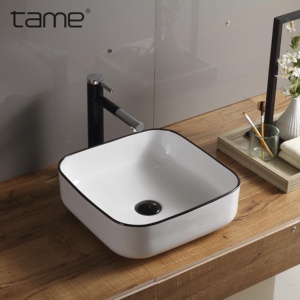 TAME <span class=keywords><strong>Meuble</strong></span> de salle de bain PZ6134-L3 carré de couleur blanche <span class=keywords><strong>avec</strong></span> ligne noire Lavabo de salle de bain Lavabo de comptoir Lavabo - Product Image 2